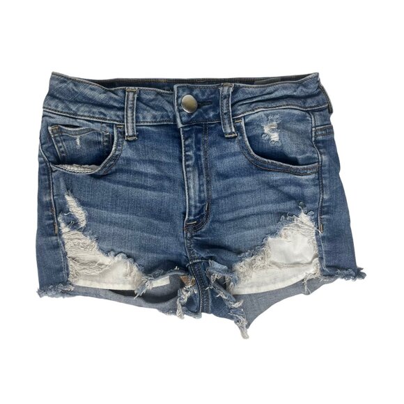 American Eagle Denim Shorts Destroyed Hi Rise Shorties Super Stretch Size 2 - Picture 1 of 13